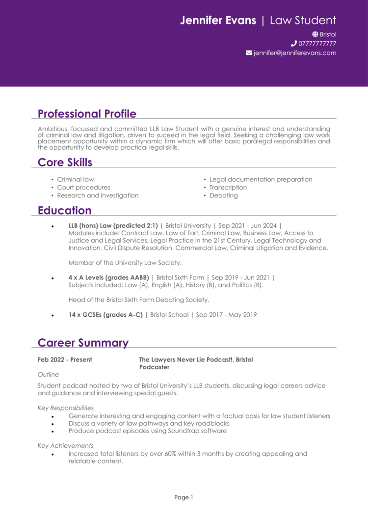 Law Student With No Experience CV 1 