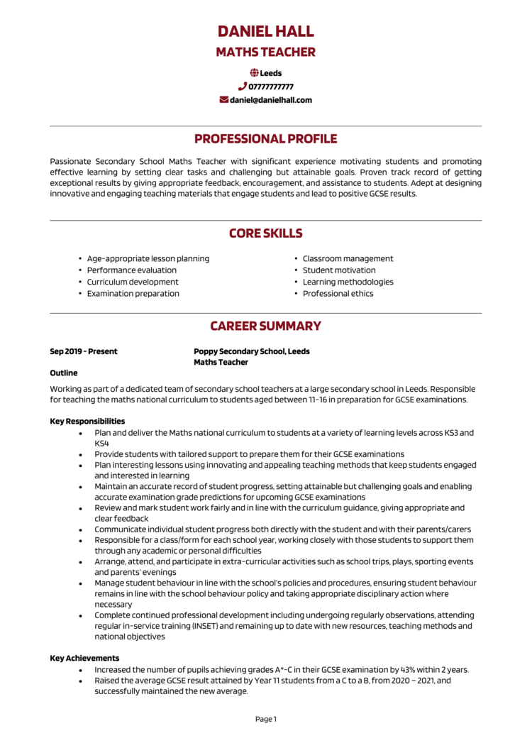 resume for middle school math teacher