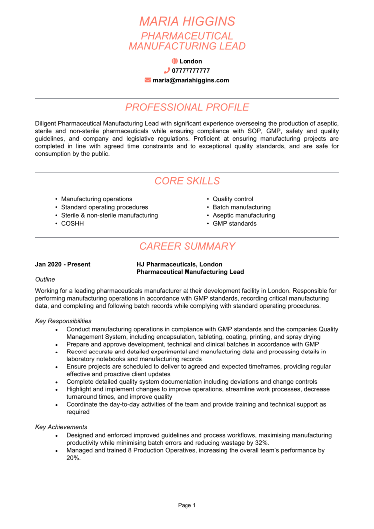 resume format in pharma