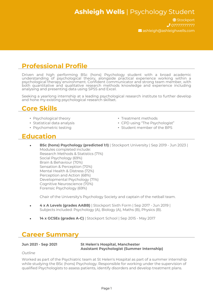 psychology graduate resume example