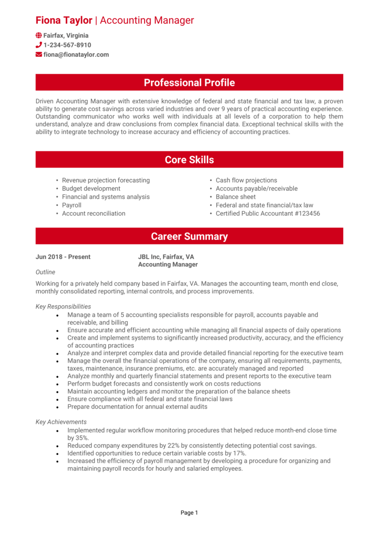 Manager Accountant Resume Sample