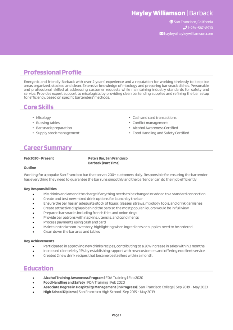 Barback resume example + guide [Get hired quick]