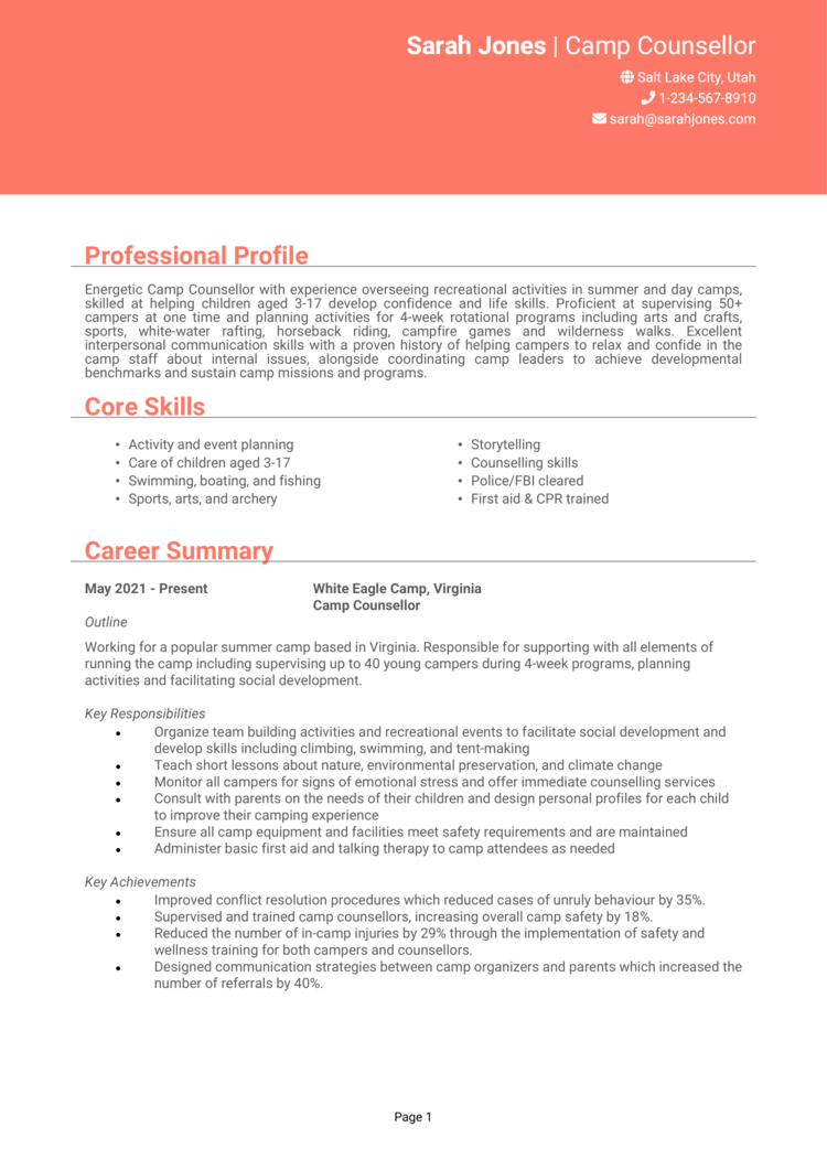 Camp Counselor resume example   guide Land the best jobs