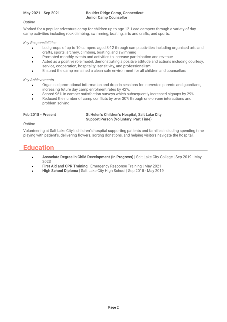 Camp Counselor Resume 2