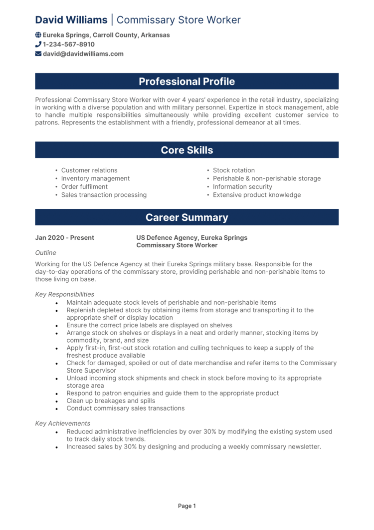 Commissary Store Worker Resume 1