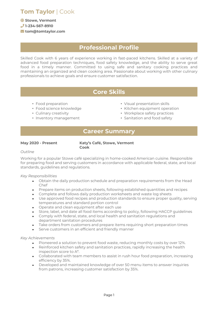 resume sample cook position