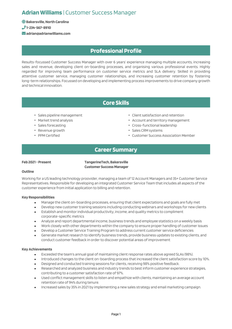 Customer Success Manager resume example [Get job interviews]