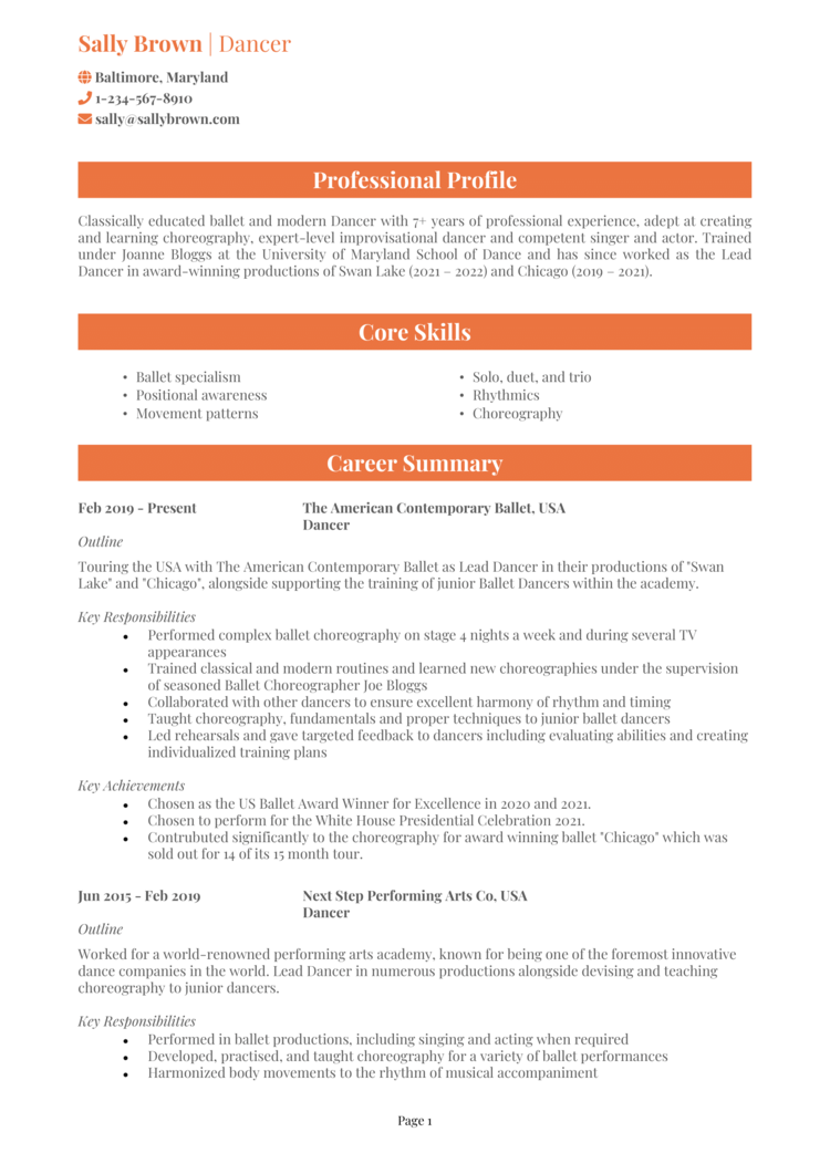 professional dance resume template