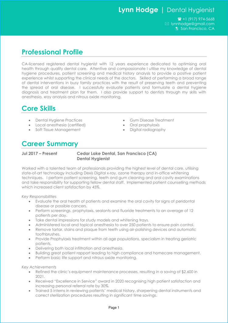 sample resume for dental hygienist