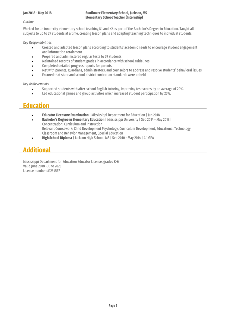 Elementary School Teacher Resume 2