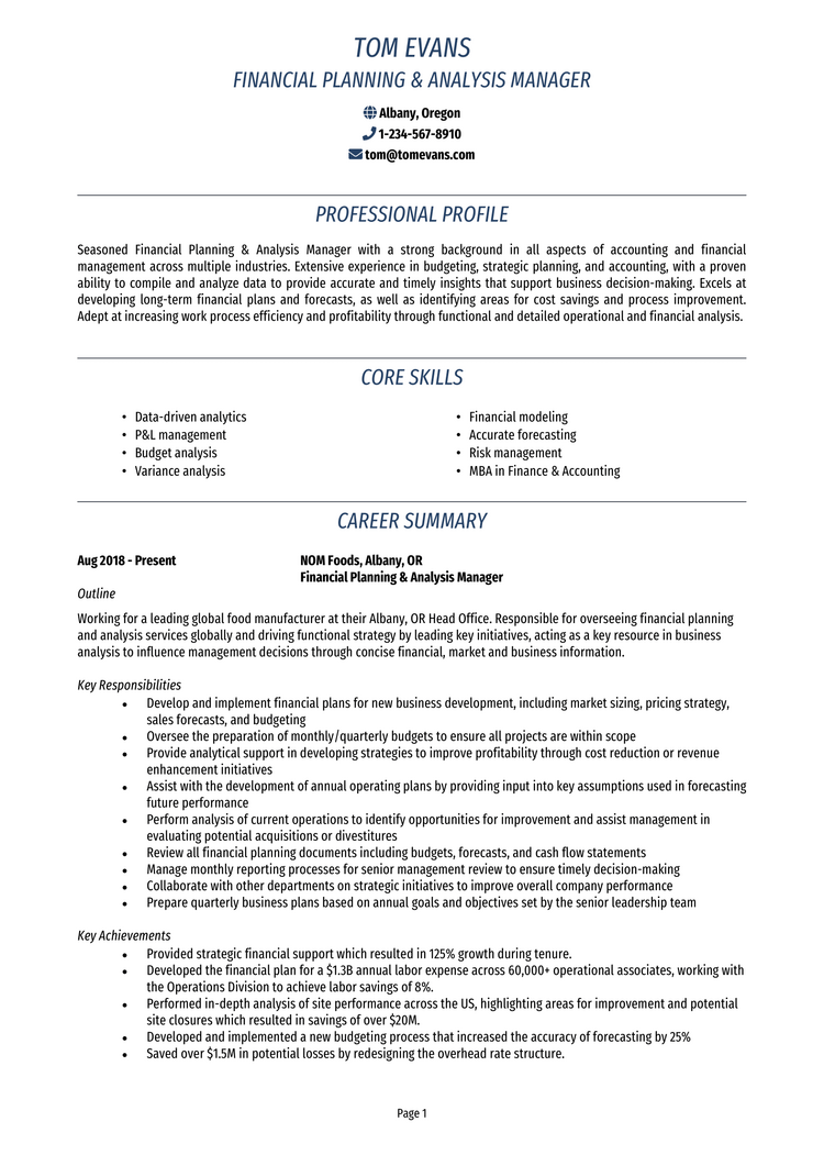 2 FP&A resume examples [Financial planning & analysis]