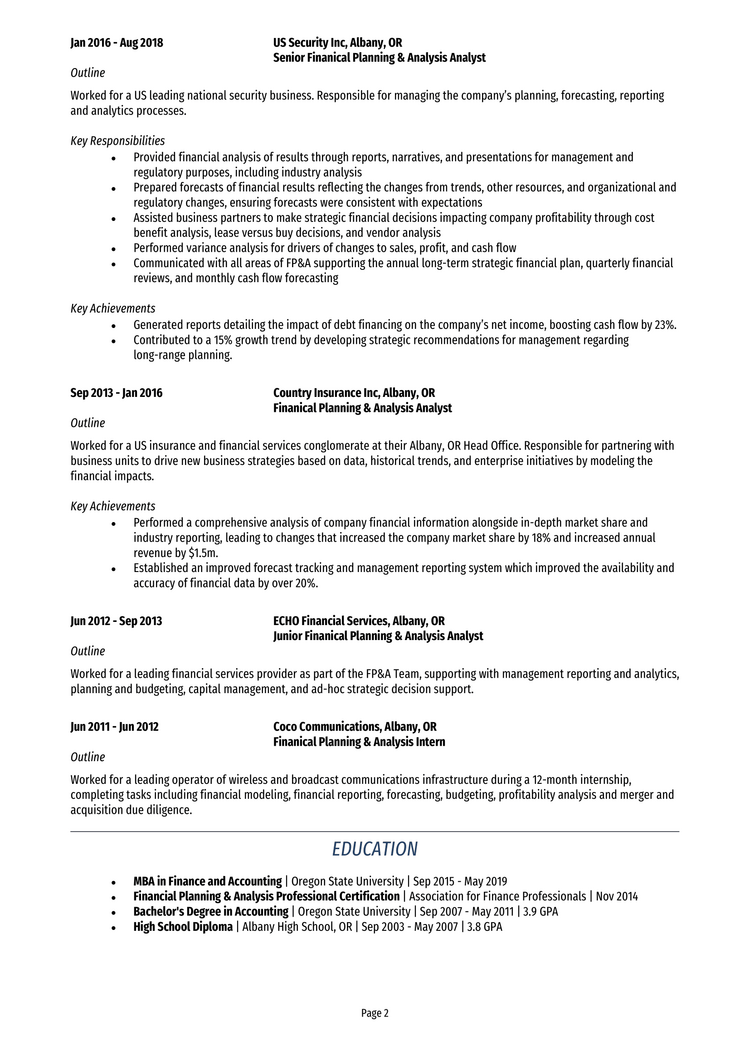 manager of financial planning and analysis resume