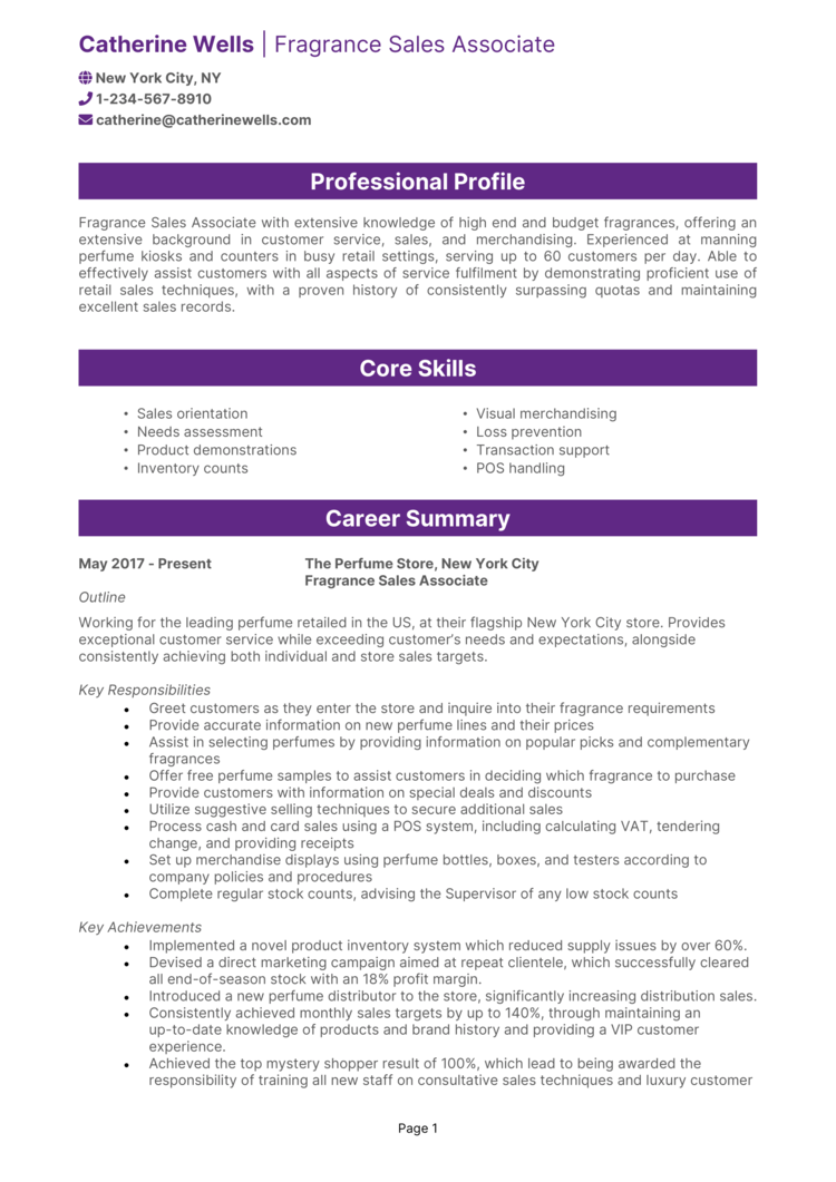 Fragrance Sales Associate Resume 1