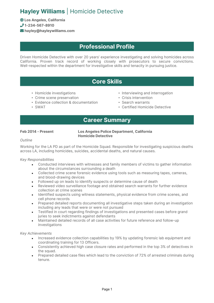 Homicide Detective resume example + guide and template