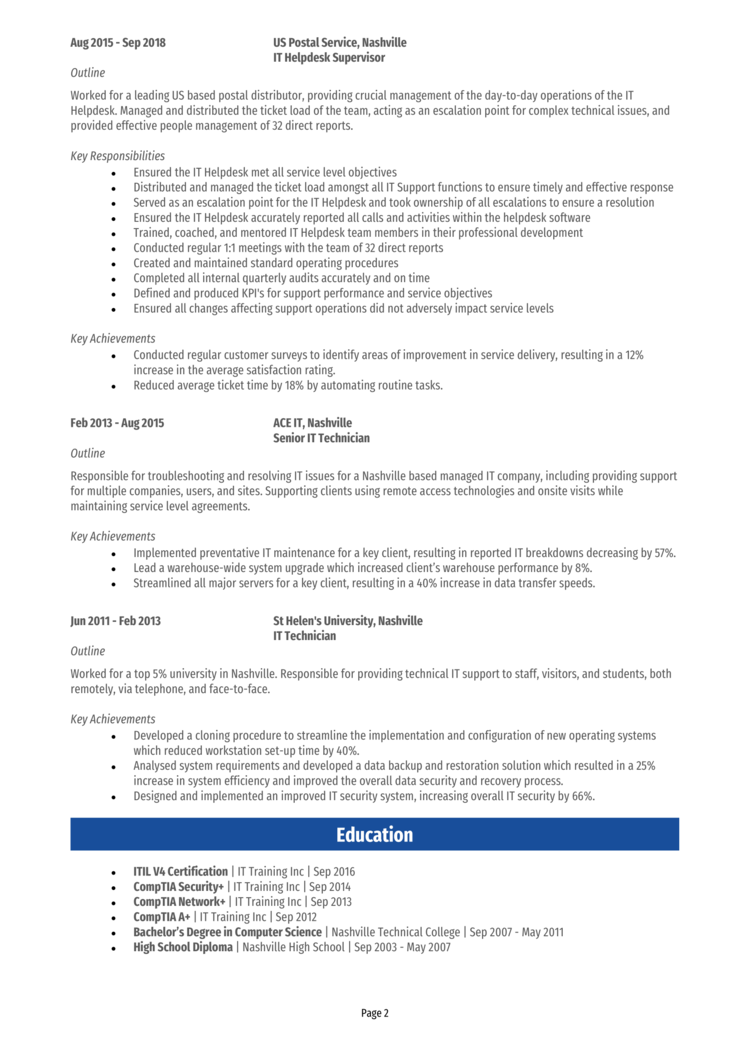 service manager resume summary