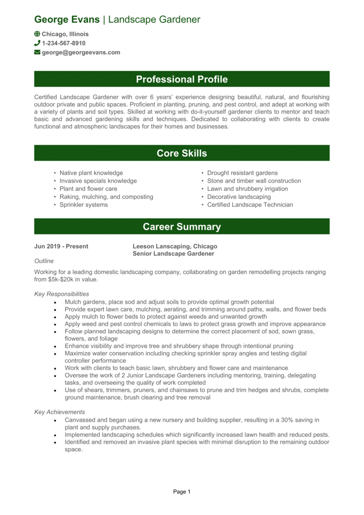 Landscaping resume example + guide and resume template