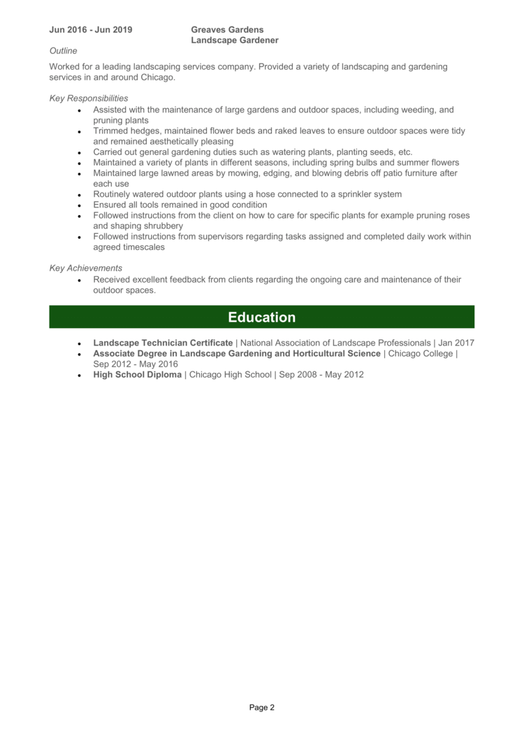 resume summary examples for landscaping