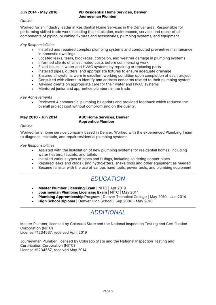 resume summary examples plumber