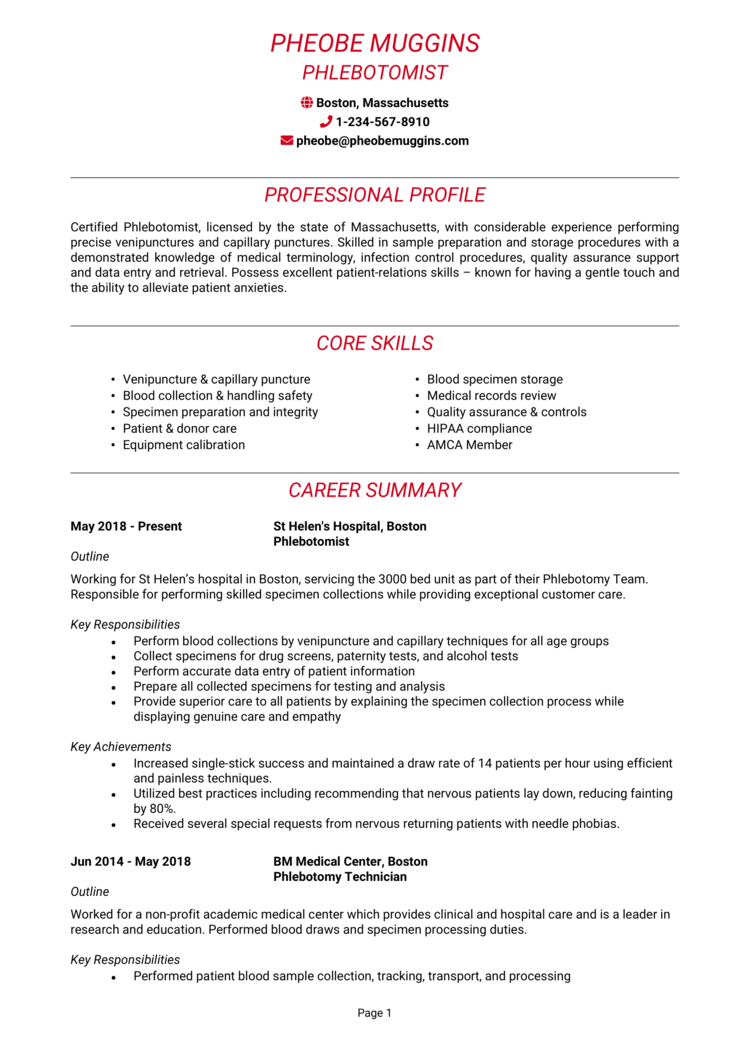 Phlebotomist resume example   guide and resume template