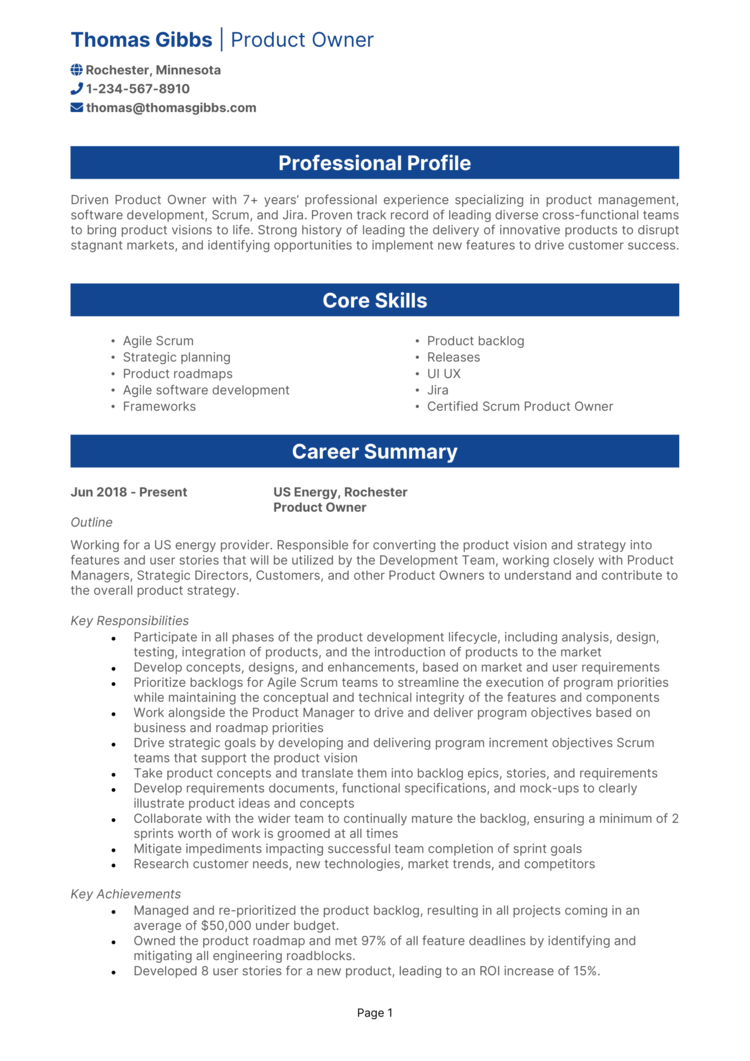 Product Owner Resume 1