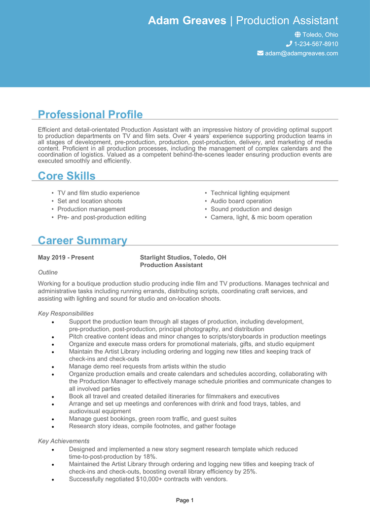 production assistant manager resume