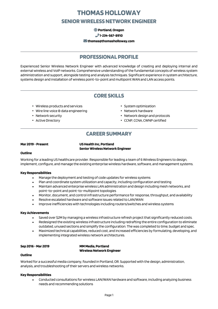 Senior Wireless Network Engineer Resume 1