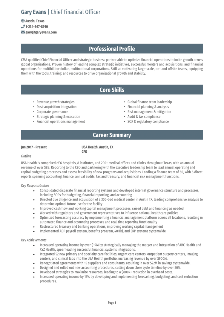 resume example cfo