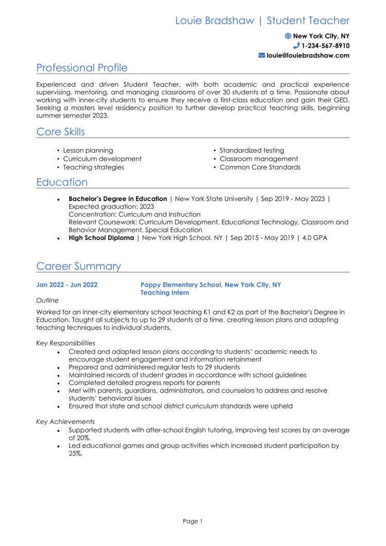 Student Teacher Resume 1