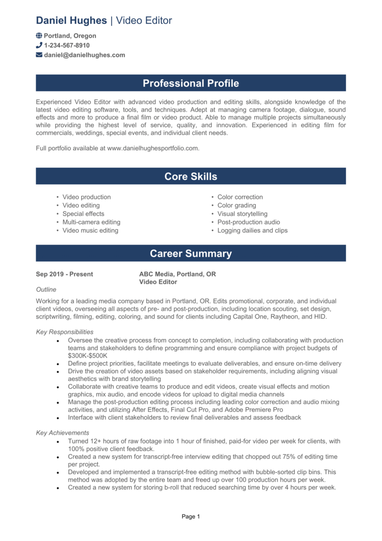 resume sample video editor