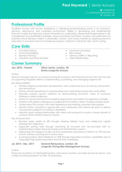Actuary CV examples