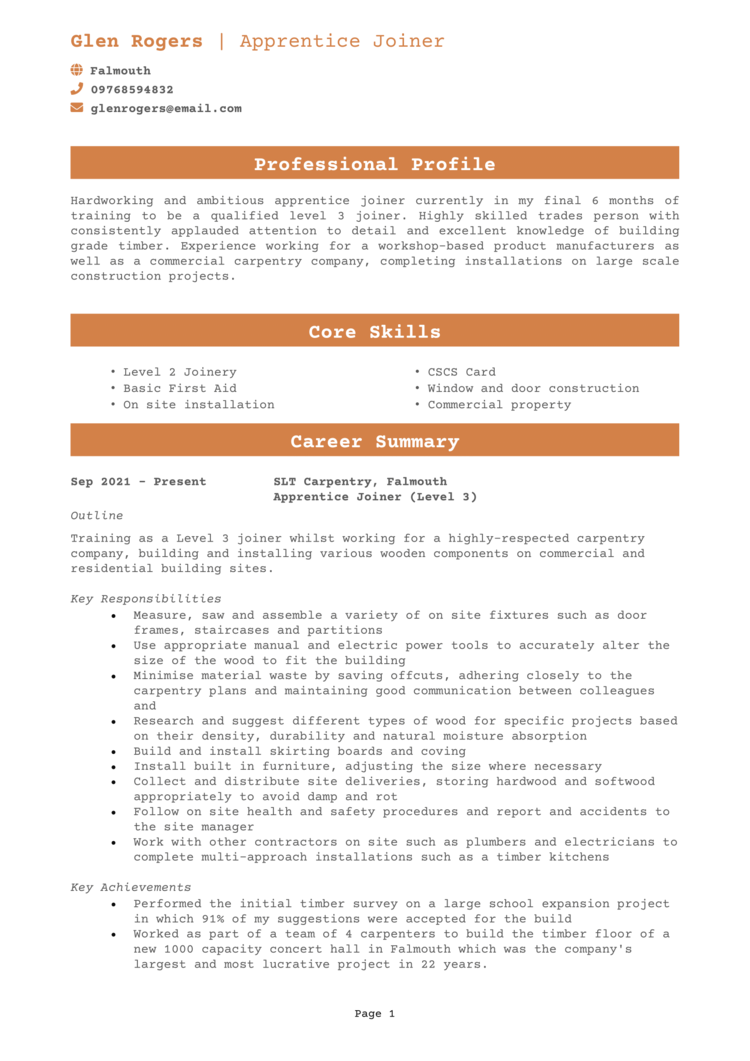 Apprentice Joiner CV 1