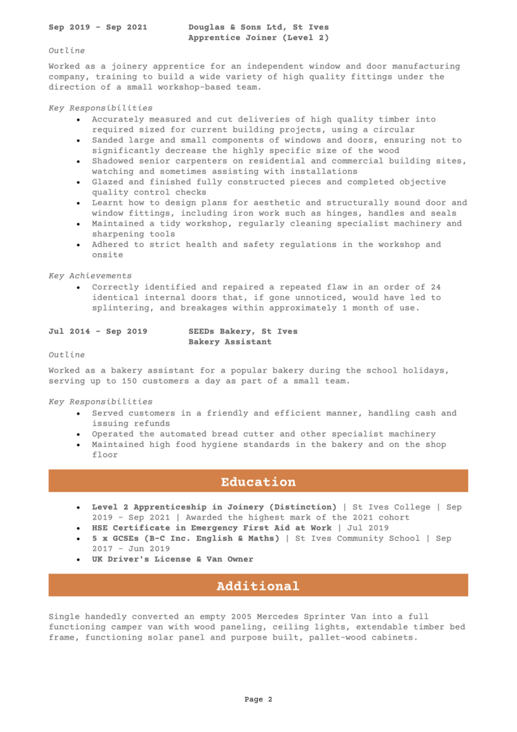 Apprentice Joiner CV 2