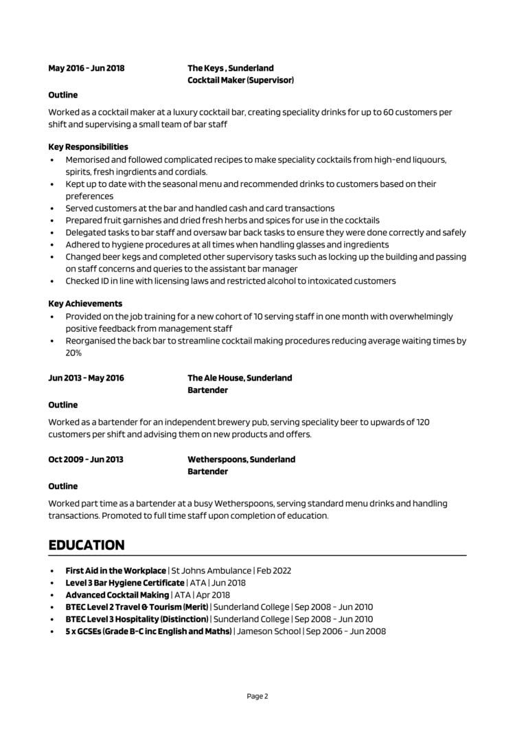 Assistant Bar Manager CV 2