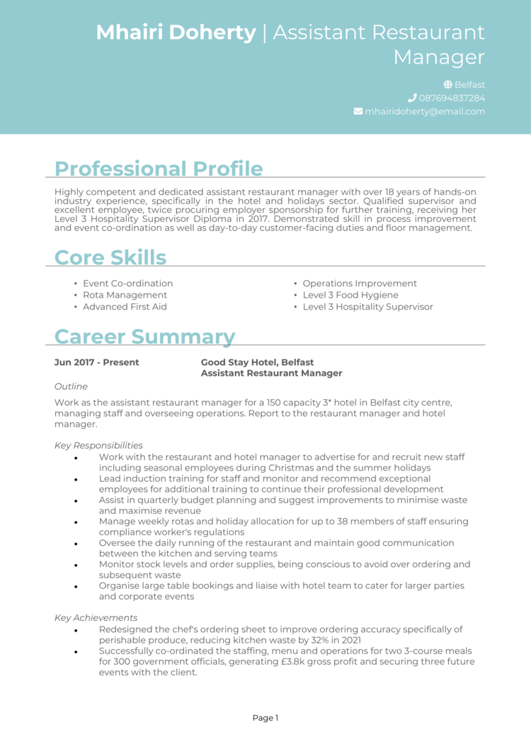 restaurant assistant manager resume summary