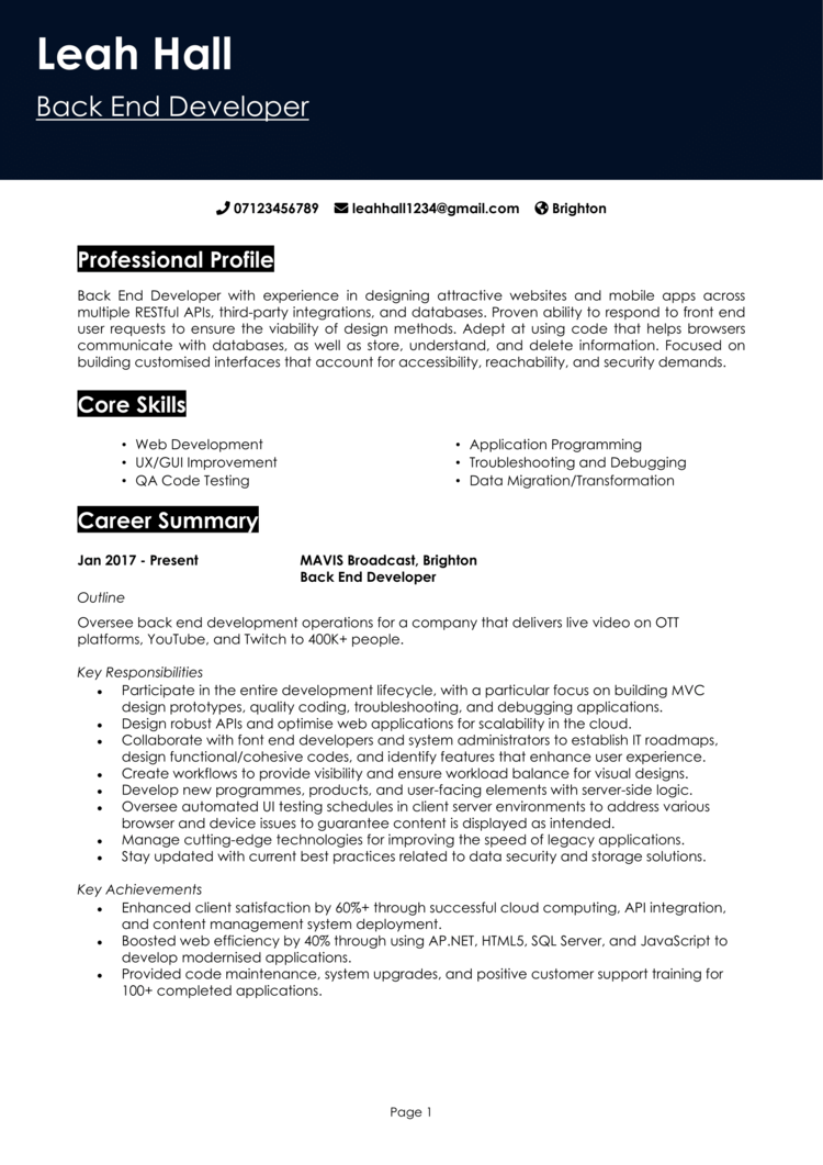 Back End Developer CV 1