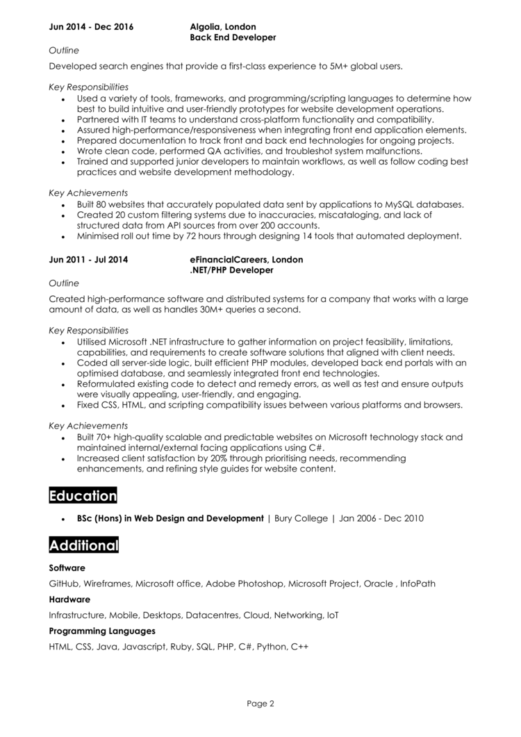 Back End Developer CV 2