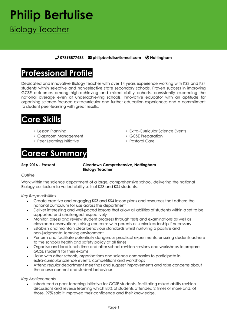 Biology Teacher CV example + guide [Get hired fast]