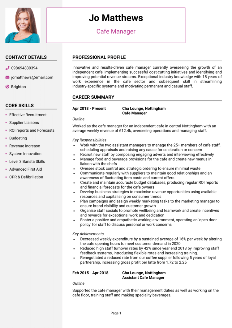 Cafe Manager CV Example Guide Win Job Interviews 