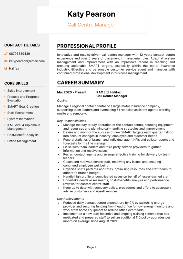 Call Centre Manager CV 1