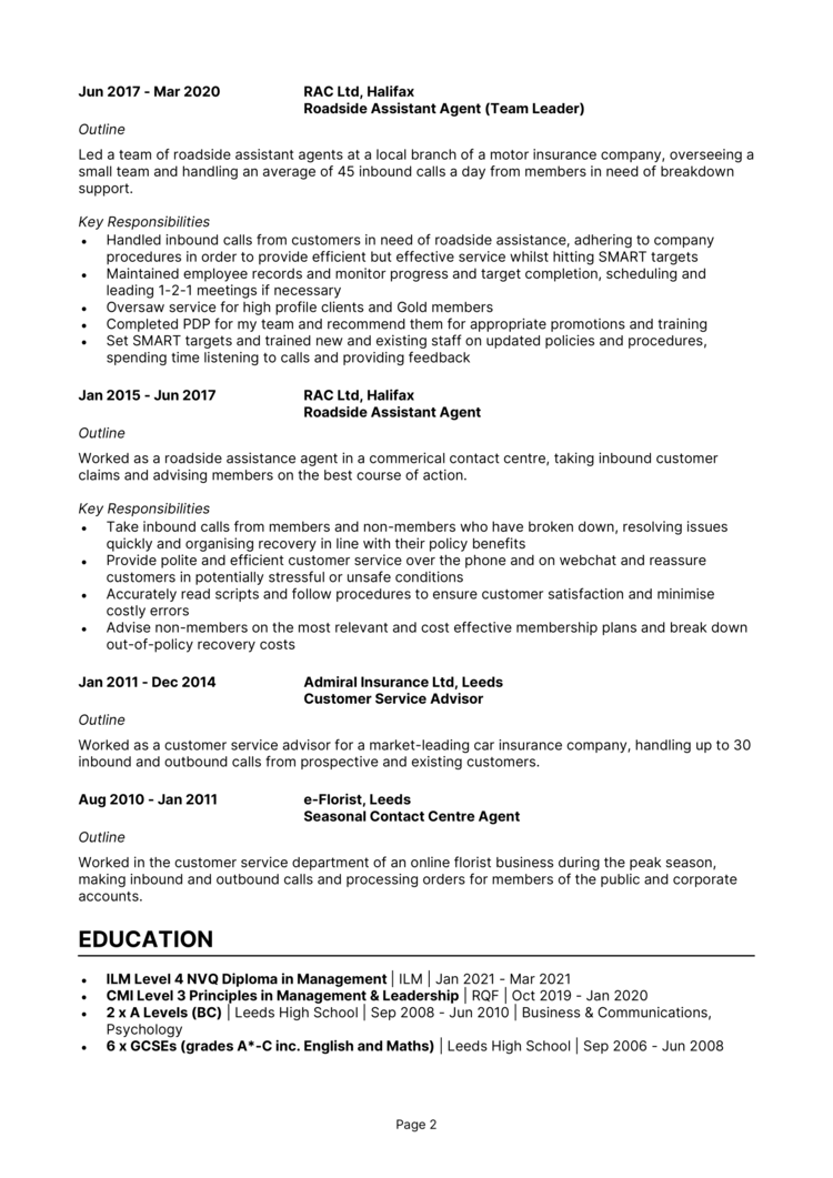 Call Centre Manager CV 2