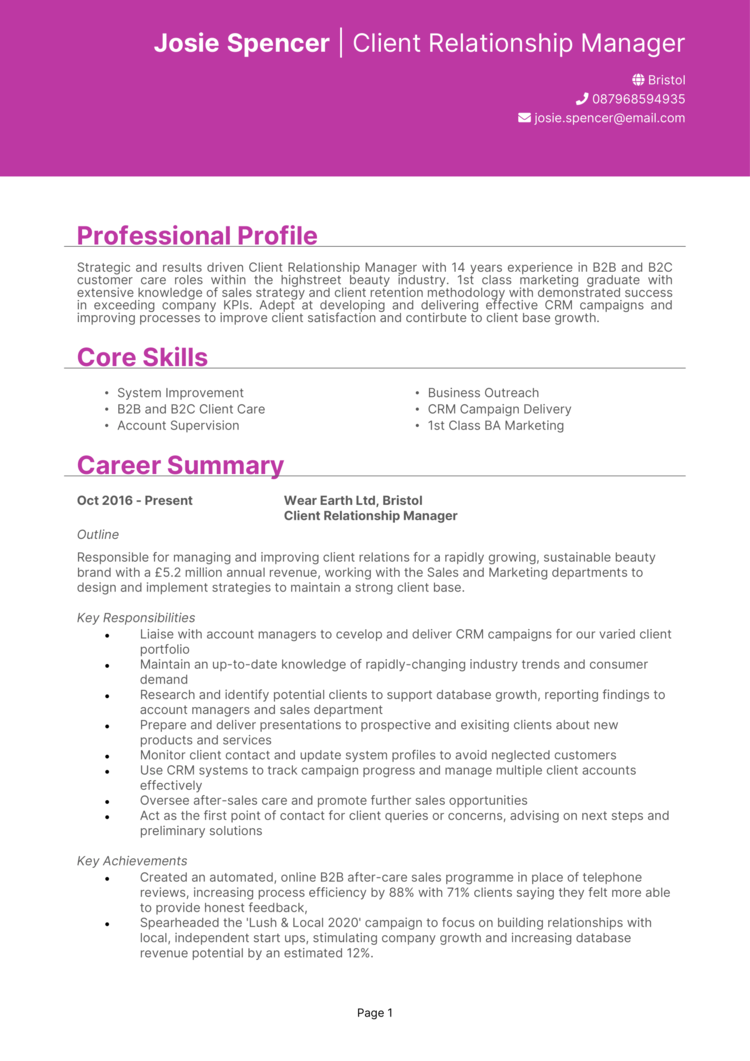 Client Relationship Manager CV example + guide [Land jobs]