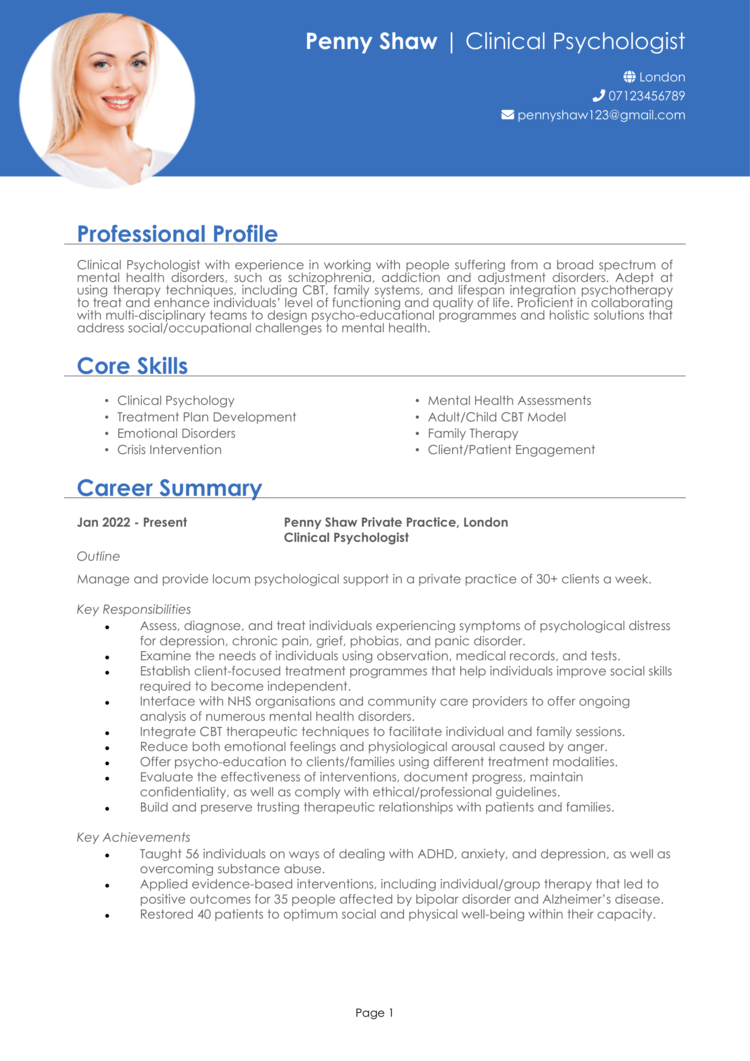 Clinical Psychologist Cv Example Guide Land Top Jobs 1465