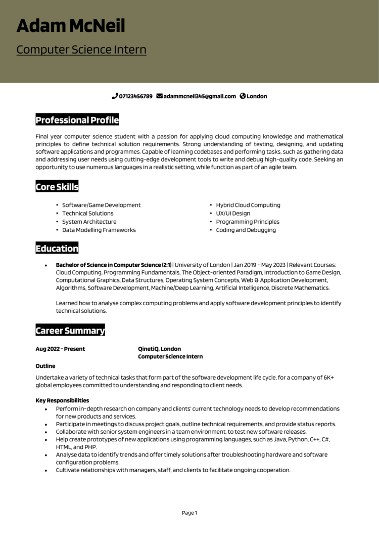 Computer Science Internship CV example + guide [Get hired]