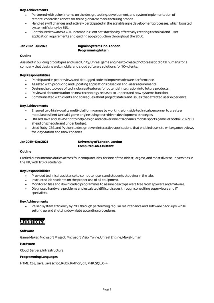 Computer Science Internship CV 2