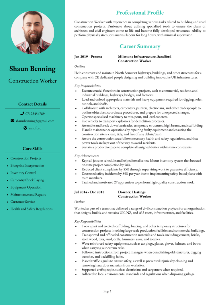 Construction Worker CV 1