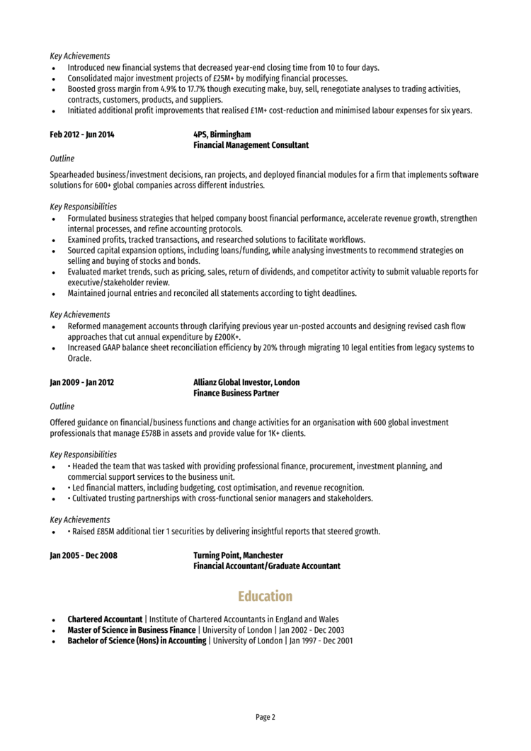 Finance CV example 2