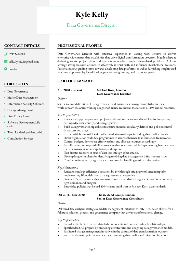 data governance project manager resume