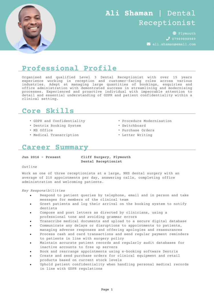 Dental Receptionist CV Example Guide Win Job Interviews   Dental Receptionist CV 1 