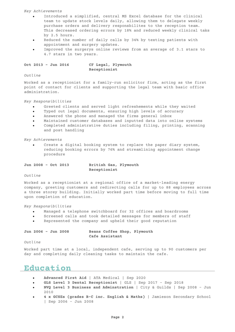 Dental Receptionist CV 2