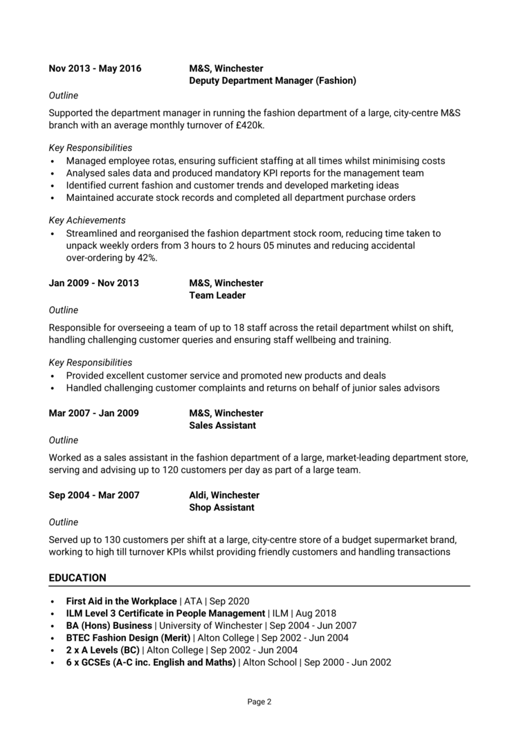 Department Manager CV 2